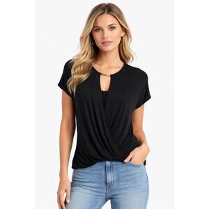 Guess Black Draped Twist Front Top Gold Bar Keyhole Short Sleeve Blouse M